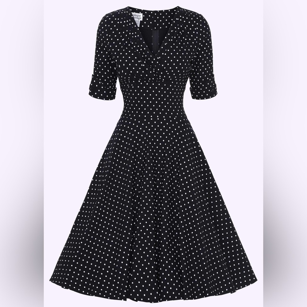unique vintage 50s polka dot stretchy fit and flare retro swing dress